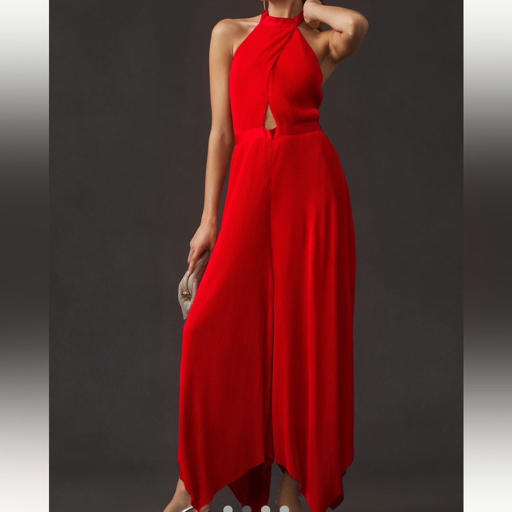NEW NWT Anthropologie Plisse Halter Red Jumpsuit size 0